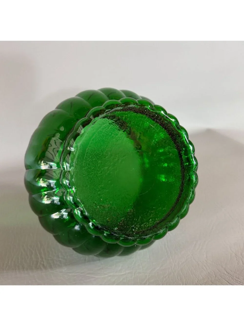 Vintage Forest Green Glass Rose Bowl Ribbed Bulbous Planter Ivy Vase 6